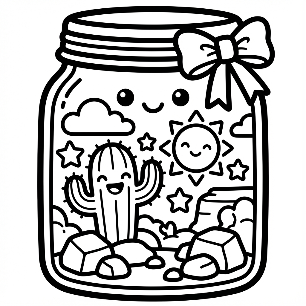 Cute cactus inside a smiling jar, perfect for bold line coloring pages and easy coloring pages for toddlers.